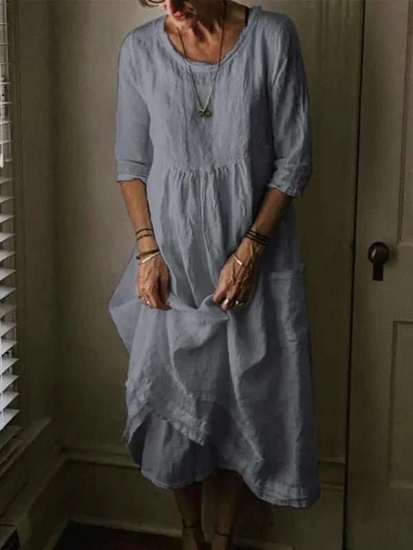 Tasoula - Elegantes Leinen Rundhals Kleid