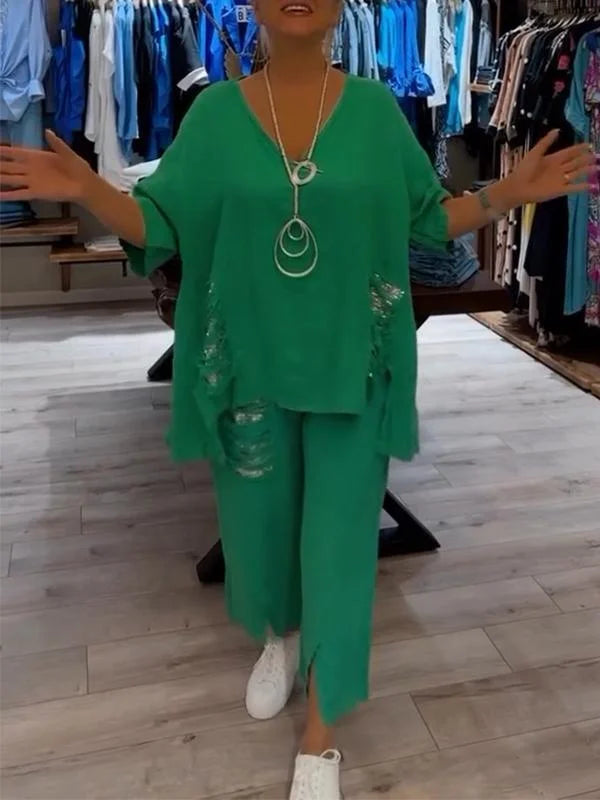 Himashi – Stilvoller Zweiteiliger Anzug Aus Baumwolle Und Leinen Mit V-Ausschnitt