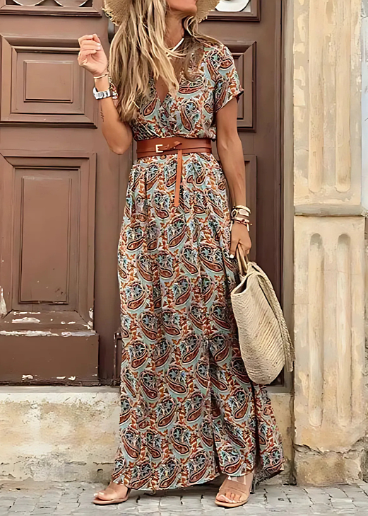 Briony – Elegantes Langes Kleid Mit Paisley Drucken Und Gürtel
