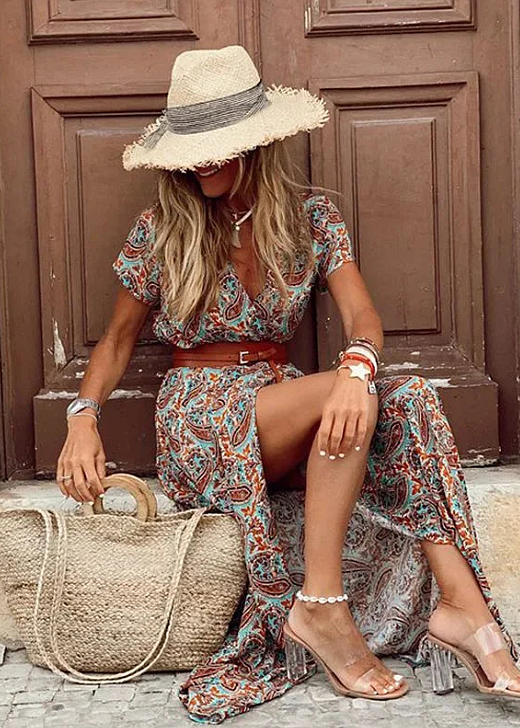 Briony – Elegantes Langes Kleid Mit Paisley Drucken Und Gürtel