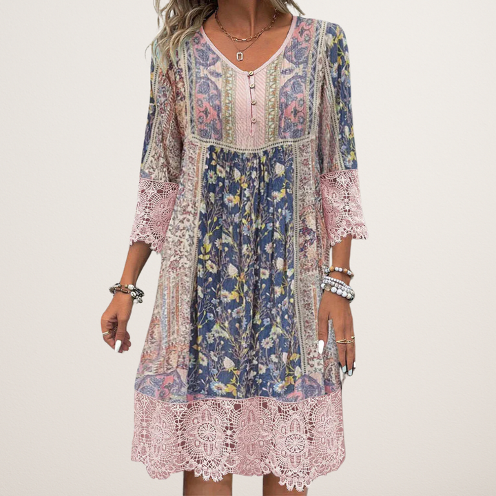 Tegan – Luxuriöses Kleid Mit Blumen Drucken Und Spitze