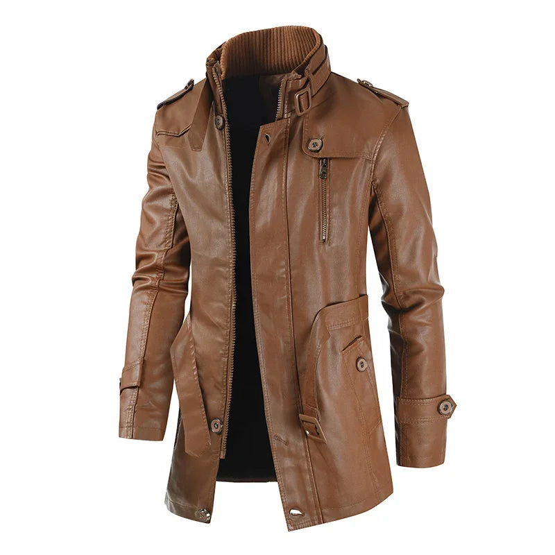 Krystain - Elegante Lange Leder Biker Jacke