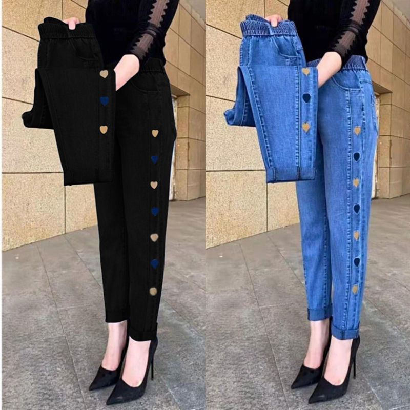 Norberta - Hochelastische Jeans mit Herz Muster
