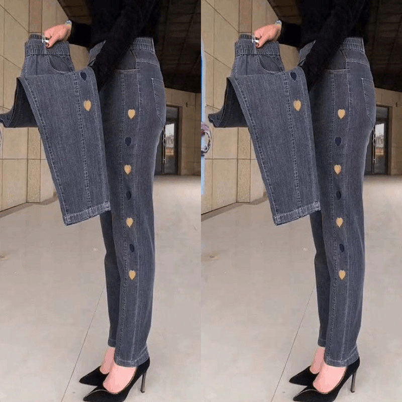 Norberta - Hochelastische Jeans mit Herz Muster