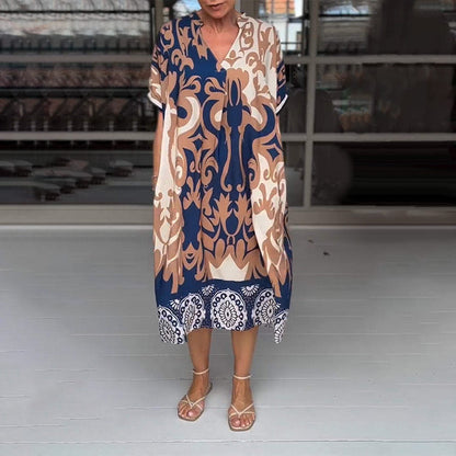 Rilana - V-Ausschnitt Und Lockeres Bedrucktes Midi Kleid