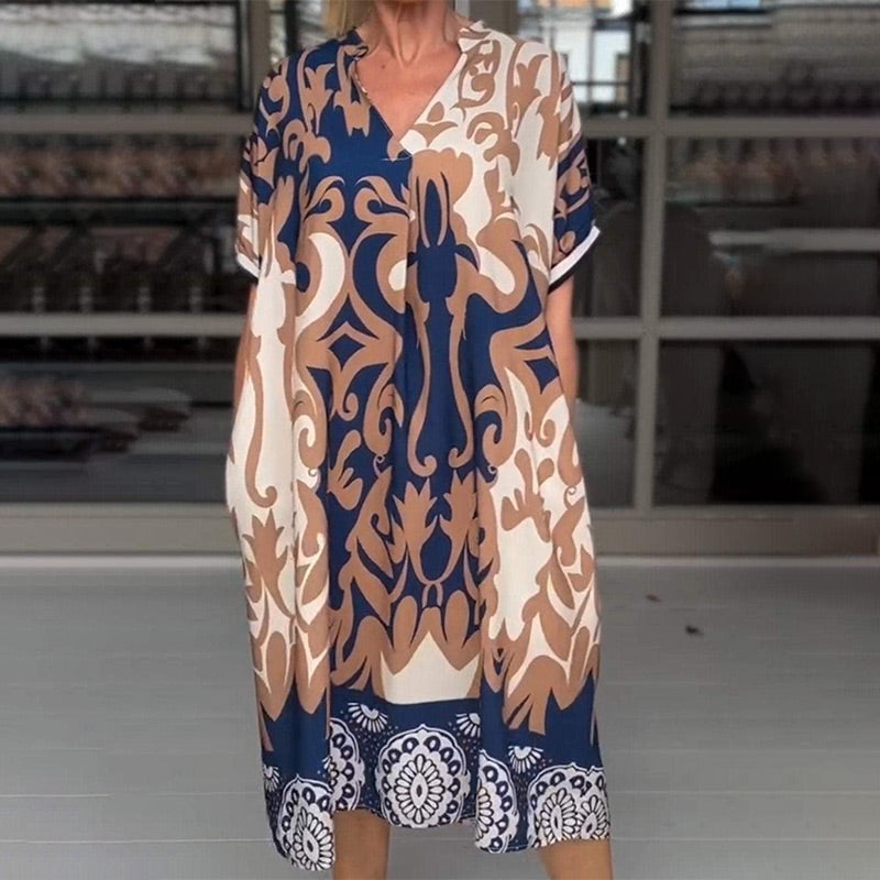 Rilana - V-Ausschnitt Und Lockeres Bedrucktes Midi Kleid