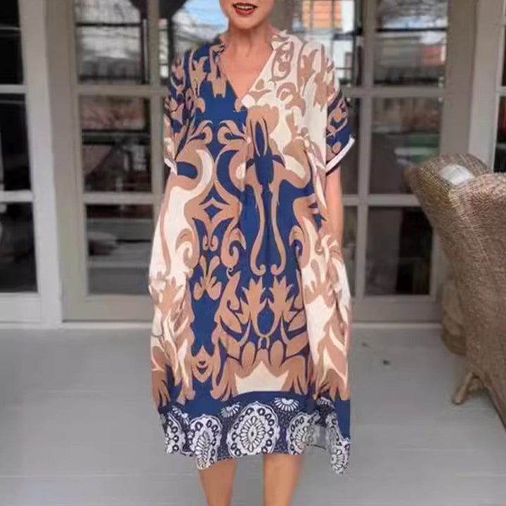 Rilana - V-Ausschnitt Und Lockeres Bedrucktes Midi Kleid
