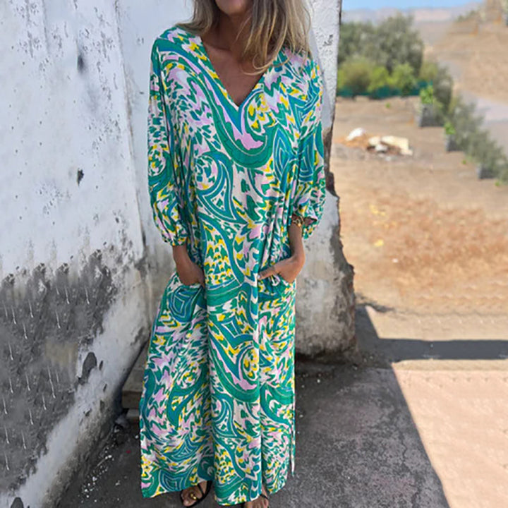 Lowri – Stilvolles Maxi Kleid Mit V-Ausschnitt Und Taschen