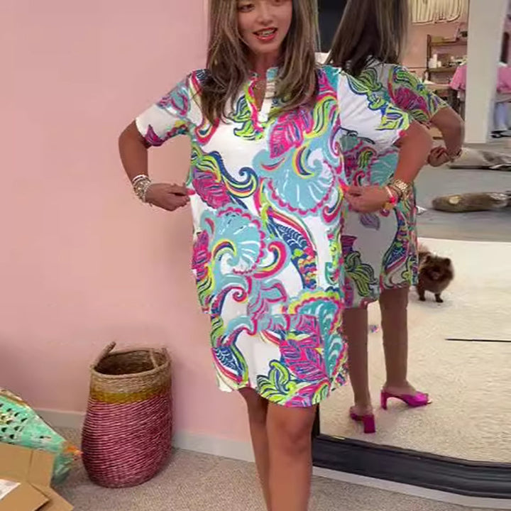 Heloise – Bunt Bedrucktes Kleid mit V-Ausschnitt