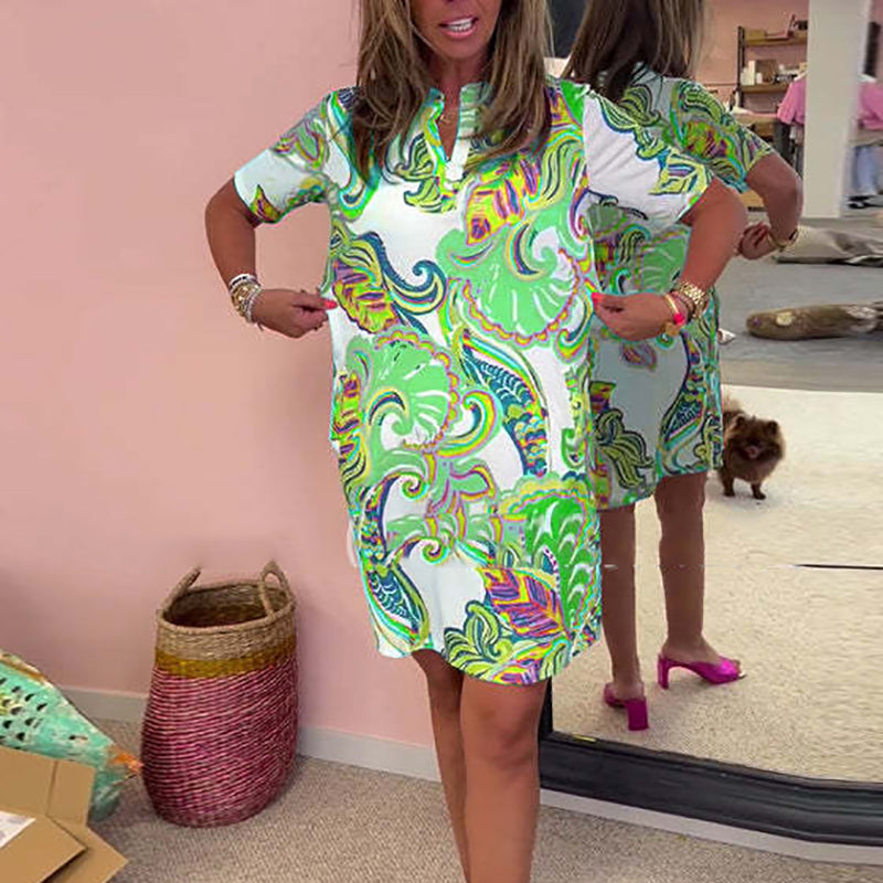 Heloise – Bunt Bedrucktes Kleid mit V-Ausschnitt