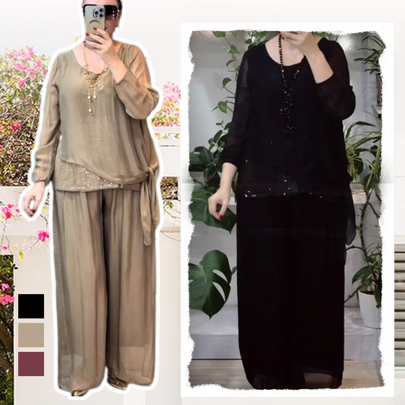 Quirinia – Paillettenbluse und Weit Geschnittener Hose Set