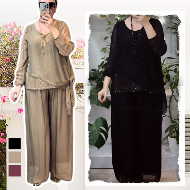 Quirinia – Paillettenbluse und Weit Geschnittener Hose Set